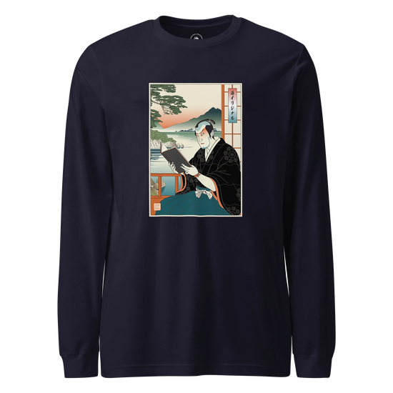Samurai Reading Books Ukiyo-e Unisex Long Sleeve Tee No.2 Navy - Samurai Original