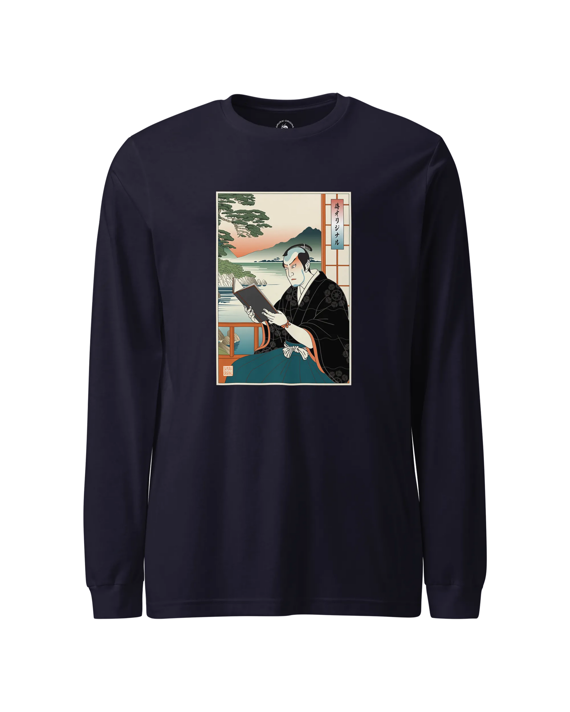 Samurai Reading Books Ukiyo-e Unisex Long Sleeve Tee No.2 Navy - Samurai Original