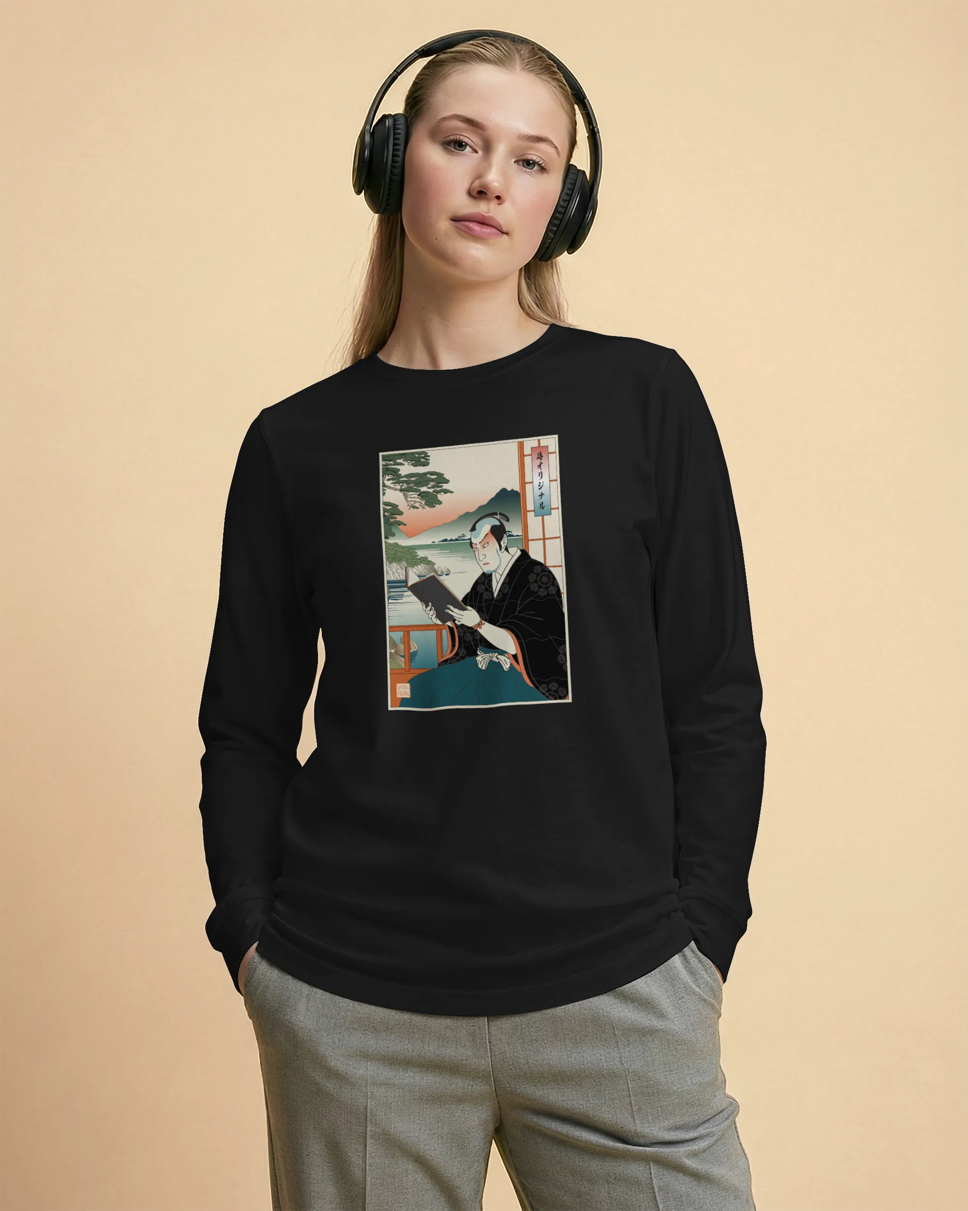 Samurai Reading Books Ukiyo-e Unisex Long Sleeve Tee No.2 - Samurai Original