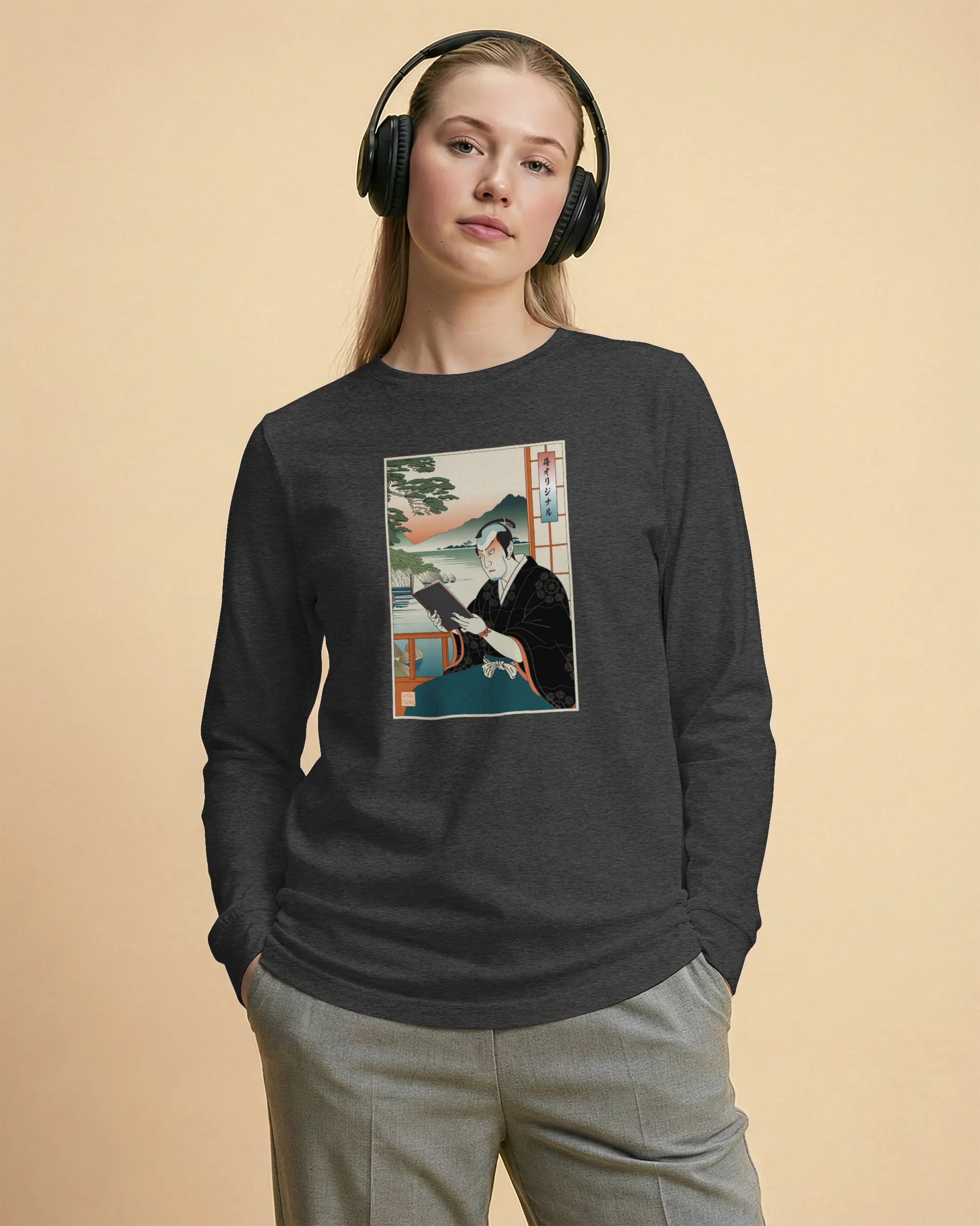 Samurai Reading Books Ukiyo-e Unisex Long Sleeve Tee No.2 - Samurai Original