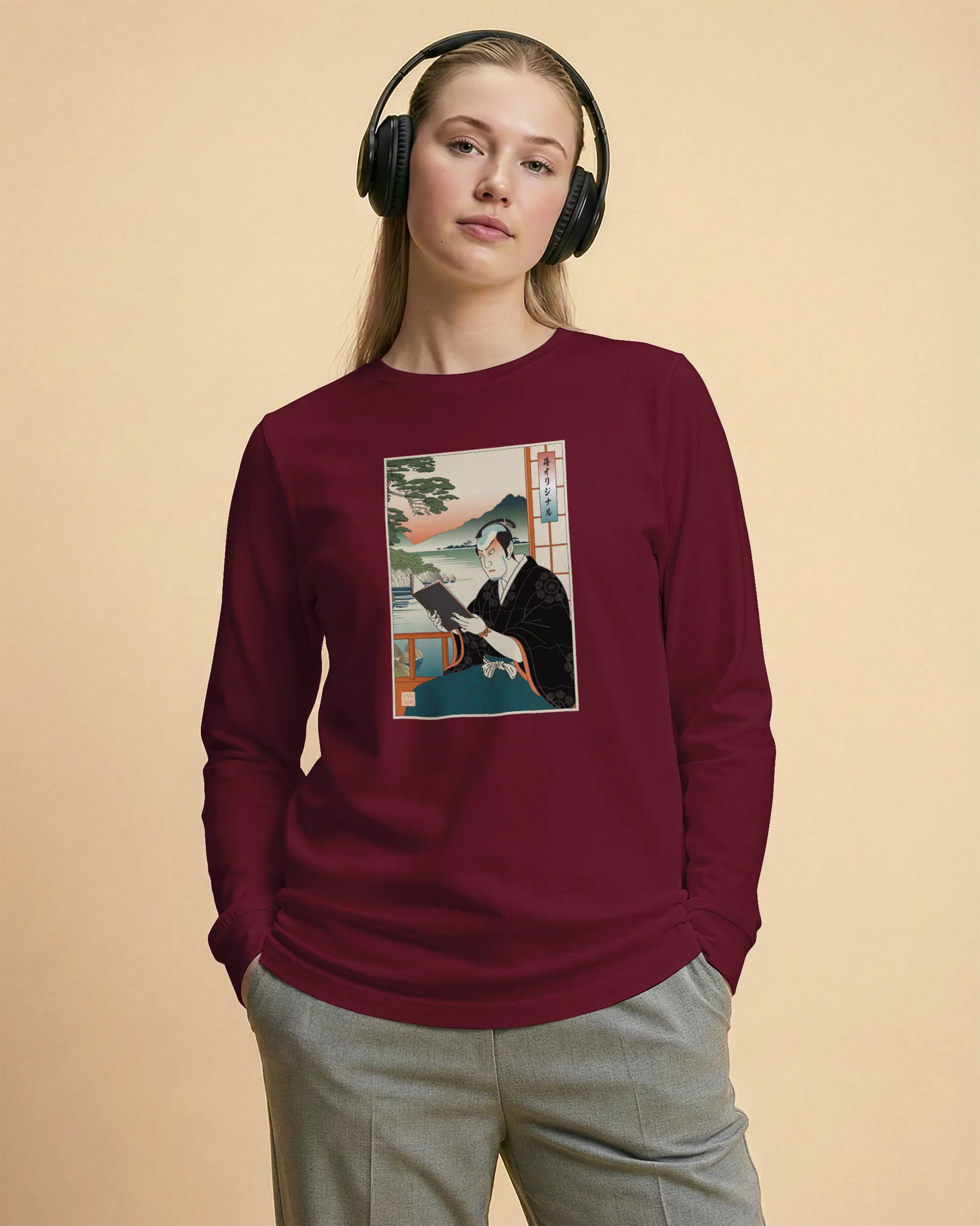 Samurai Reading Books Ukiyo-e Unisex Long Sleeve Tee No.2 - Samurai Original