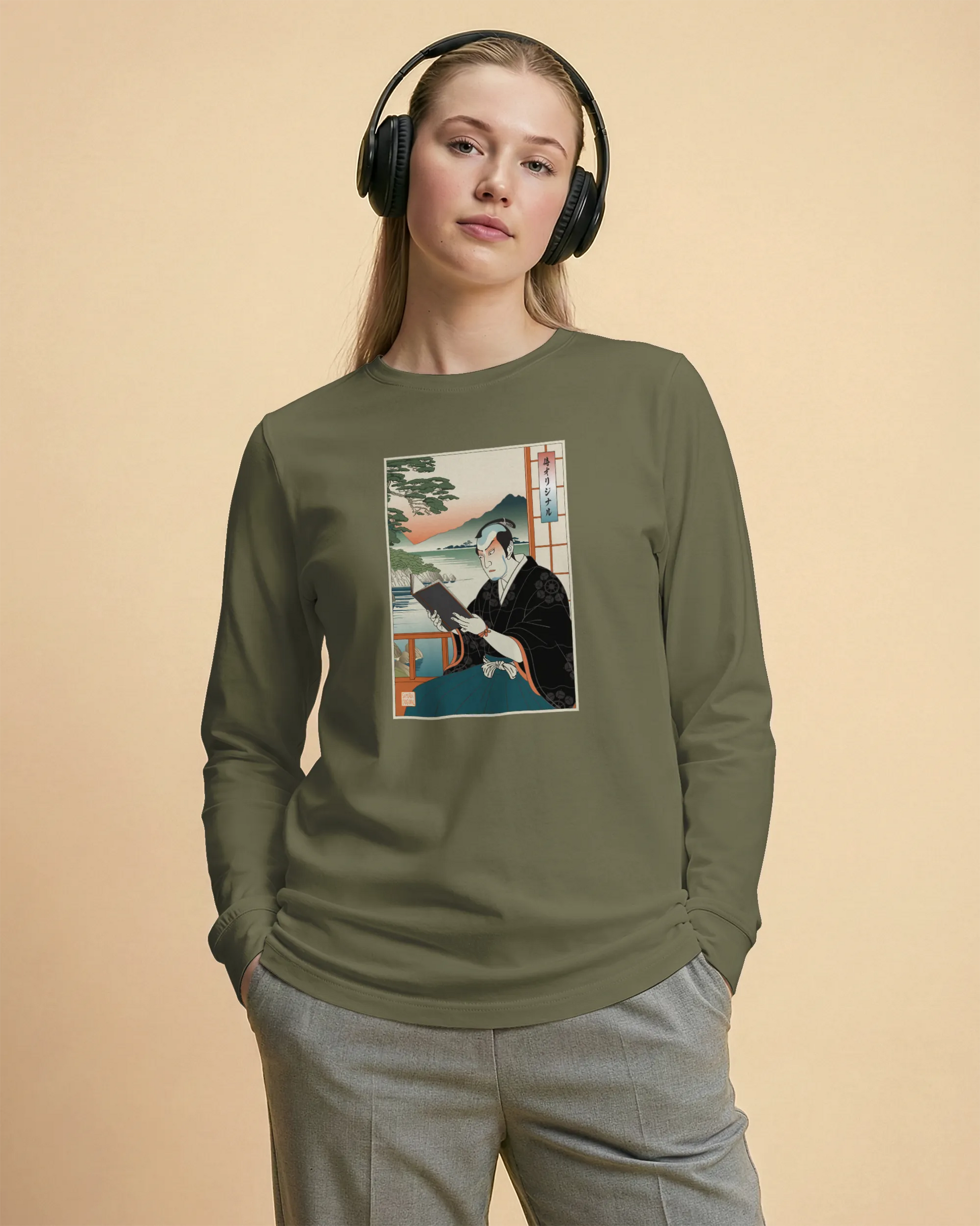 Samurai Reading Books Ukiyo-e Unisex Long Sleeve Tee No.2 - Samurai Original