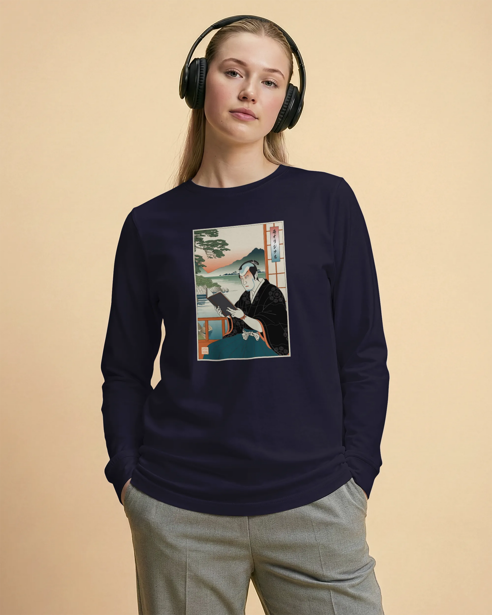 Samurai Reading Books Ukiyo-e Unisex Long Sleeve Tee No.2 - Samurai Original