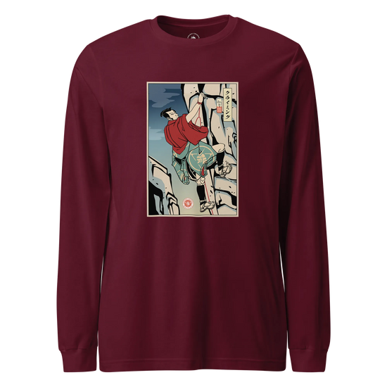Samurai Rock Climbing Extreme Sport Ukiyo-e Unisex Long Sleeve Tee Maroon - Samurai Original