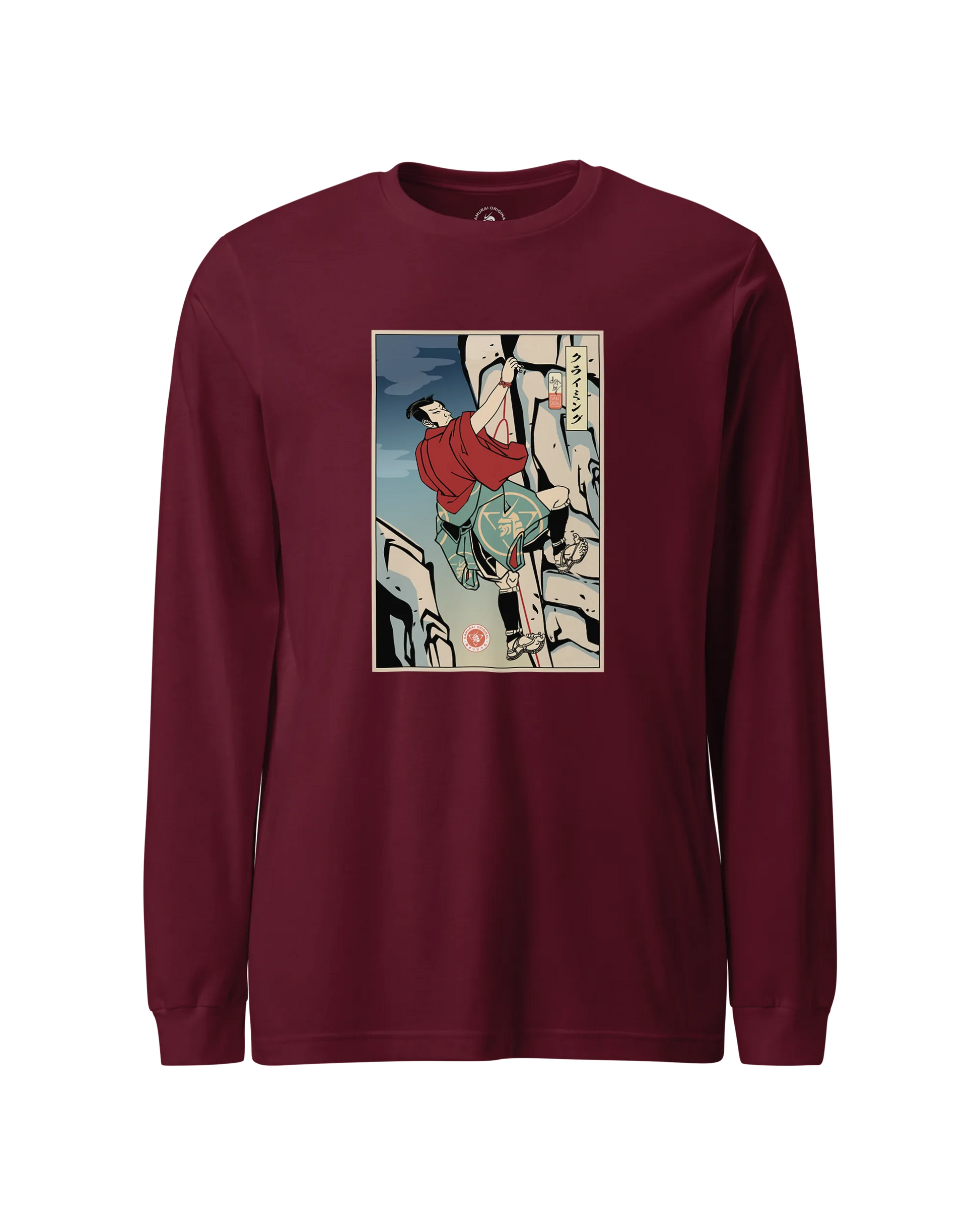 Samurai Rock Climbing Extreme Sport Ukiyo-e Unisex Long Sleeve Tee Maroon - Samurai Original
