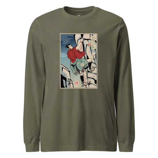 Samurai Rock Climbing Extreme Sport Ukiyo-e Unisex Long Sleeve Tee Military Green - Samurai Original