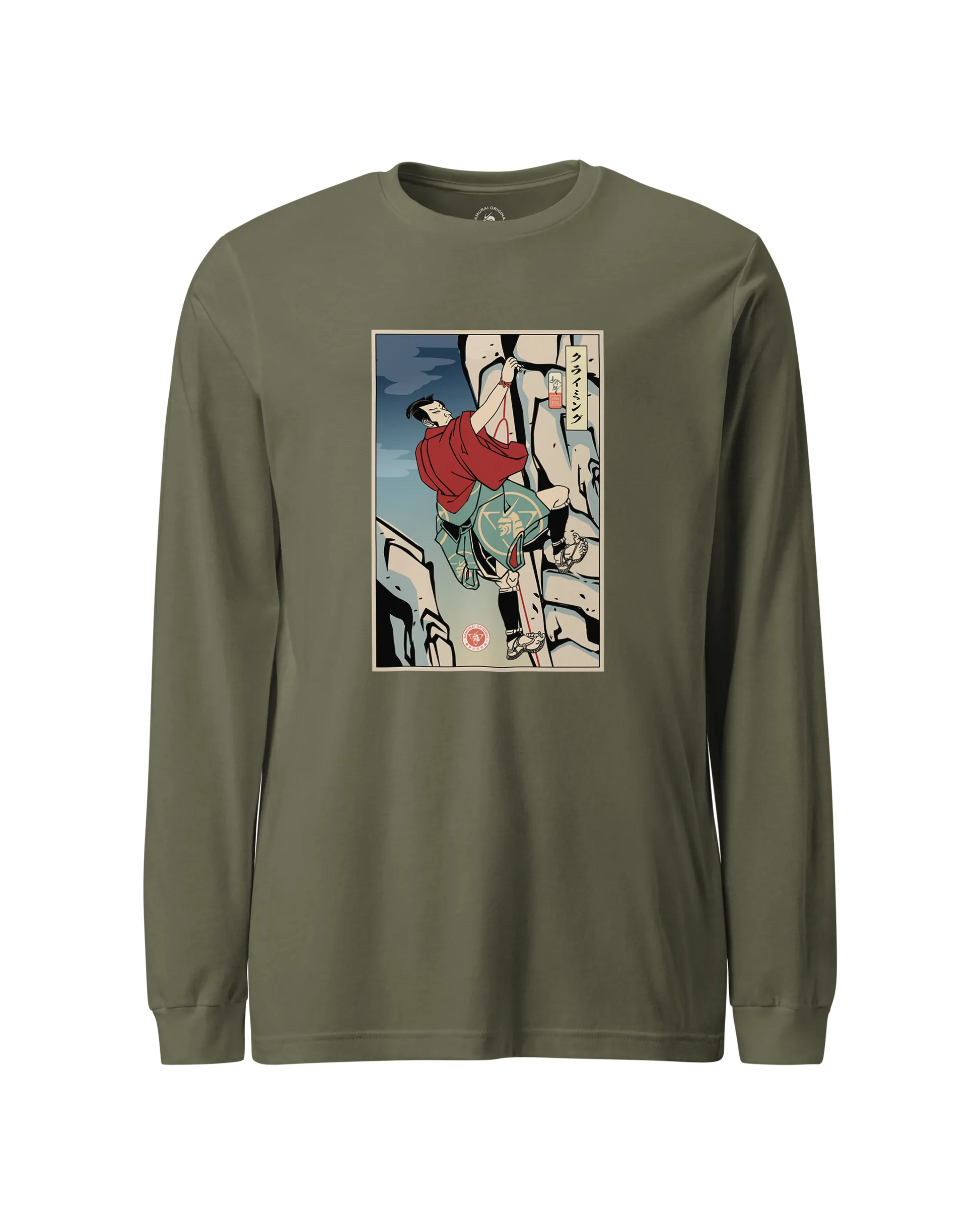 Samurai Rock Climbing Extreme Sport Ukiyo-e Unisex Long Sleeve Tee Military Green - Samurai Original