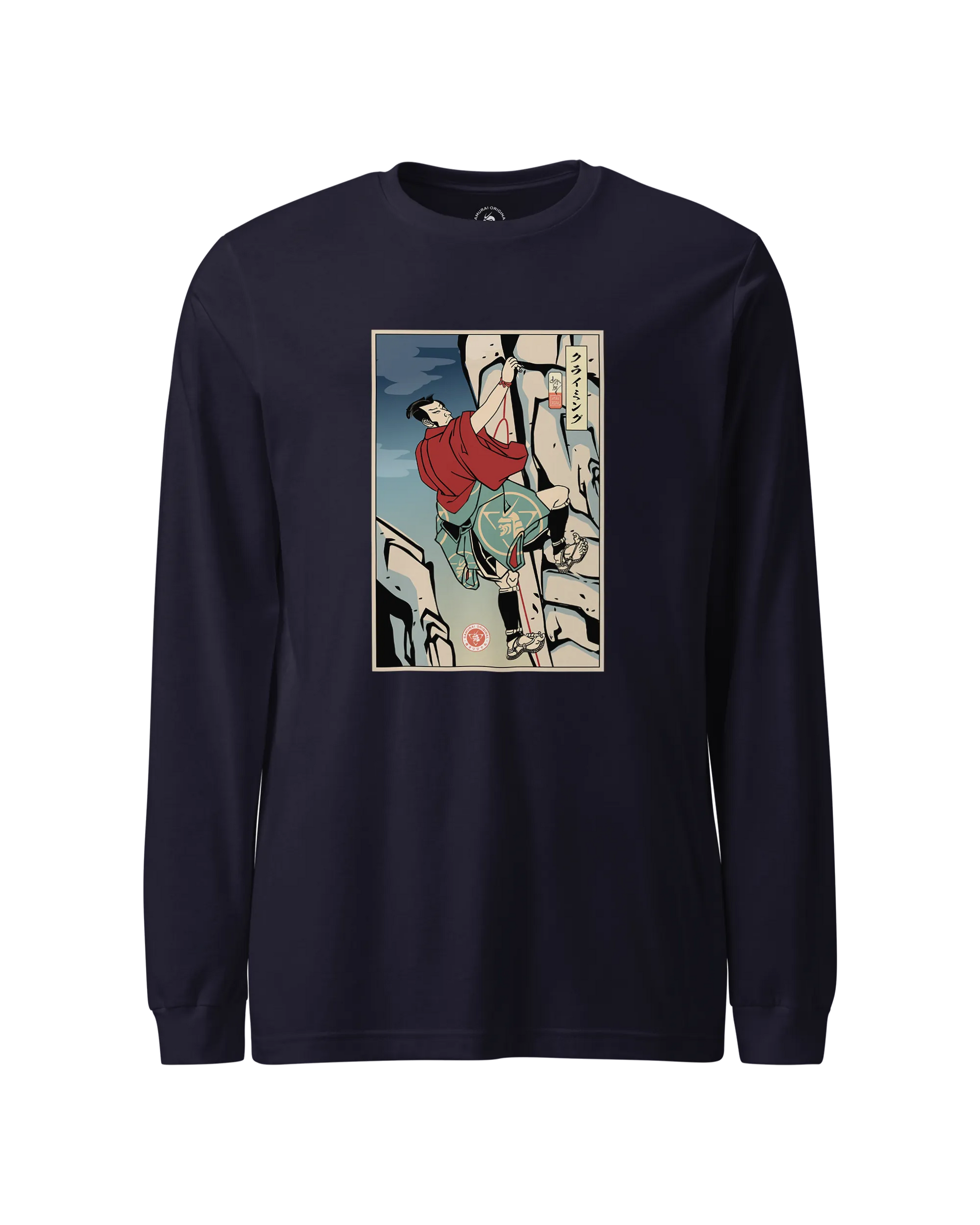Samurai Rock Climbing Extreme Sport Ukiyo-e Unisex Long Sleeve Tee Navy - Samurai Original
