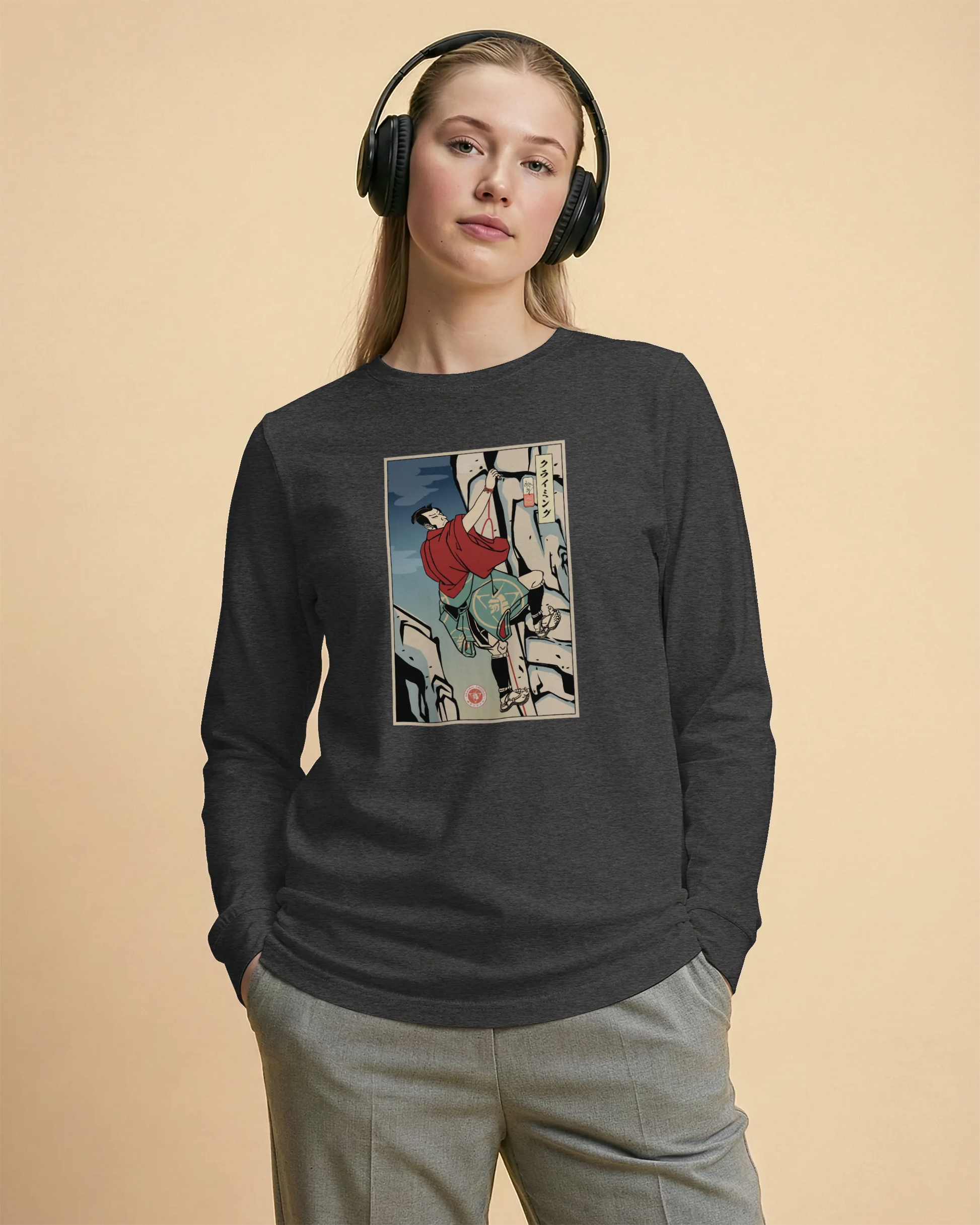 Samurai Rock Climbing Extreme Sport Ukiyo-e Unisex Long Sleeve Tee - Samurai Original