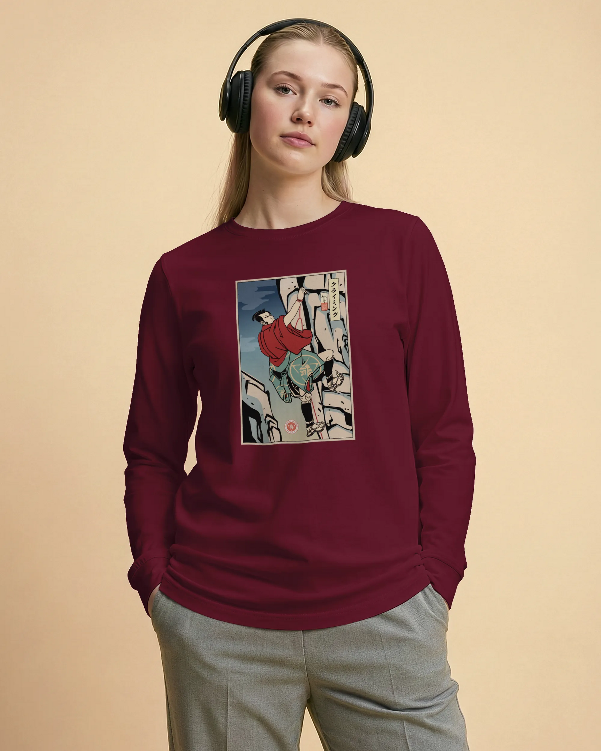 Samurai Rock Climbing Extreme Sport Ukiyo-e Unisex Long Sleeve Tee - Samurai Original