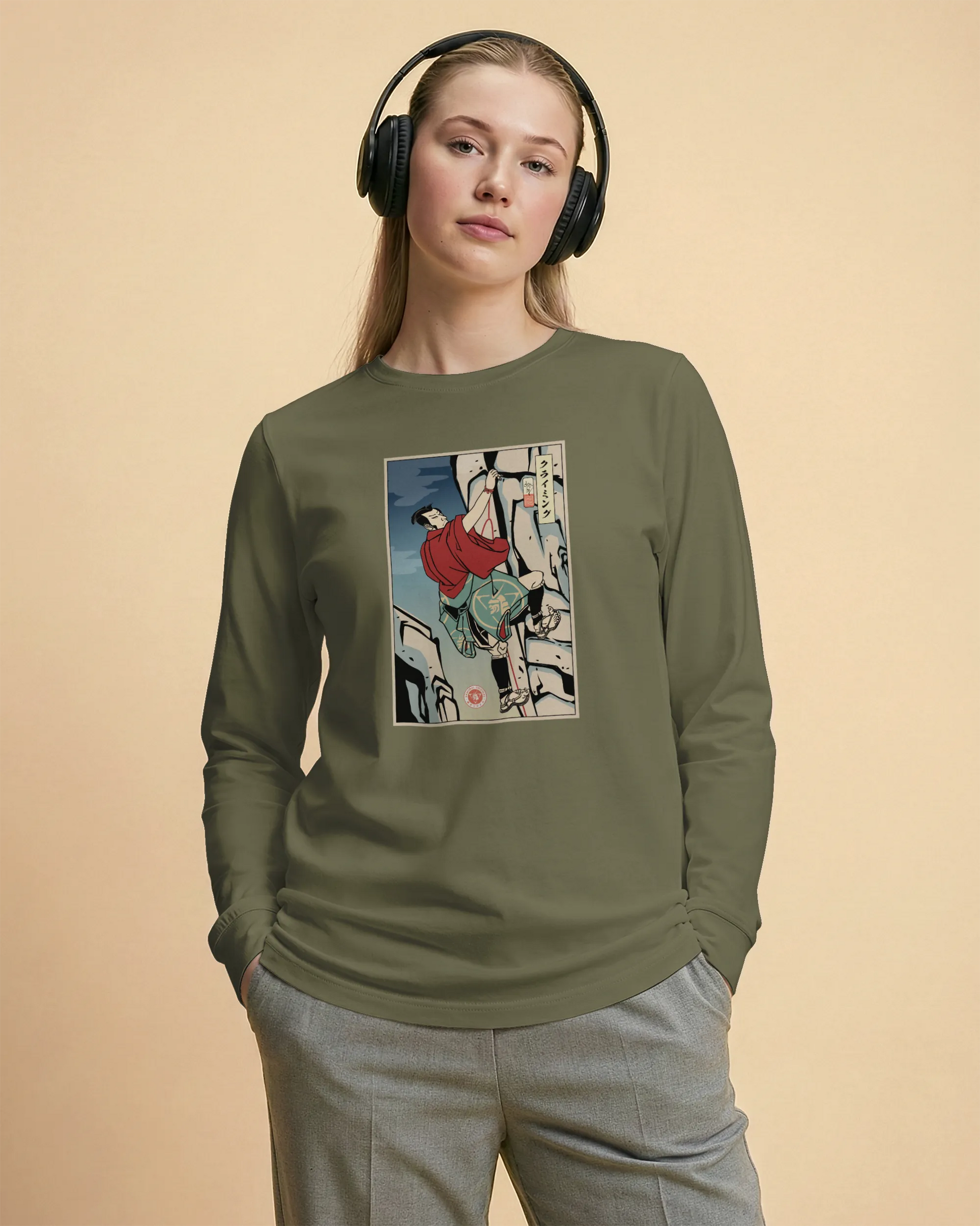 Samurai Rock Climbing Extreme Sport Ukiyo-e Unisex Long Sleeve Tee - Samurai Original