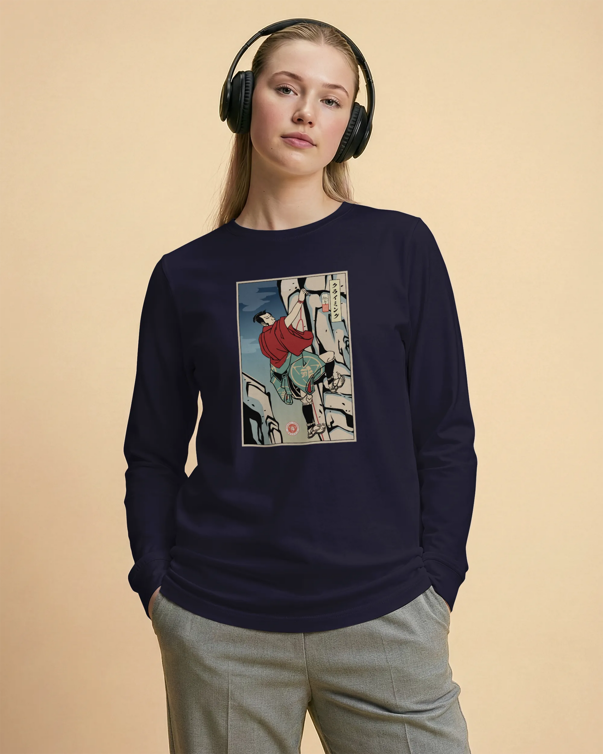 Samurai Rock Climbing Extreme Sport Ukiyo-e Unisex Long Sleeve Tee - Samurai Original