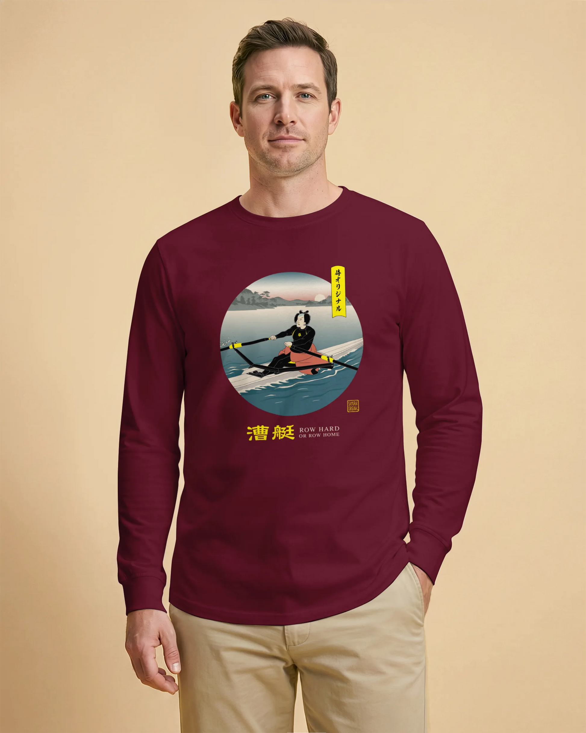Samurai Rowing Japanese Ukiyo-e Unisex Long Sleeve Tee - Samurai Original