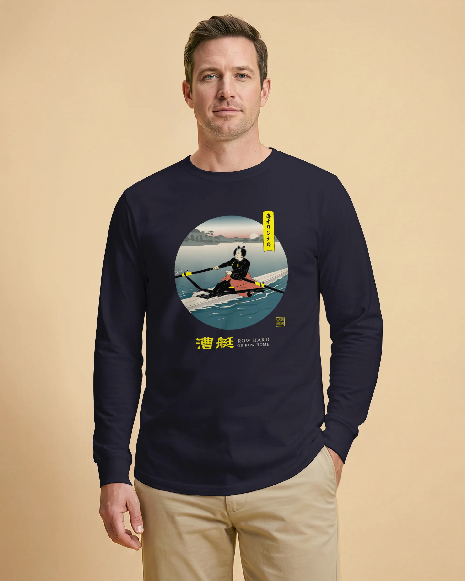 Samurai Rowing Japanese Ukiyo-e Unisex Long Sleeve Tee - Samurai Original
