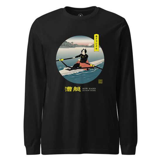 Samurai Rowing Japanese Ukiyo-e Unisex Long Sleeve Tee Black - Samurai Original