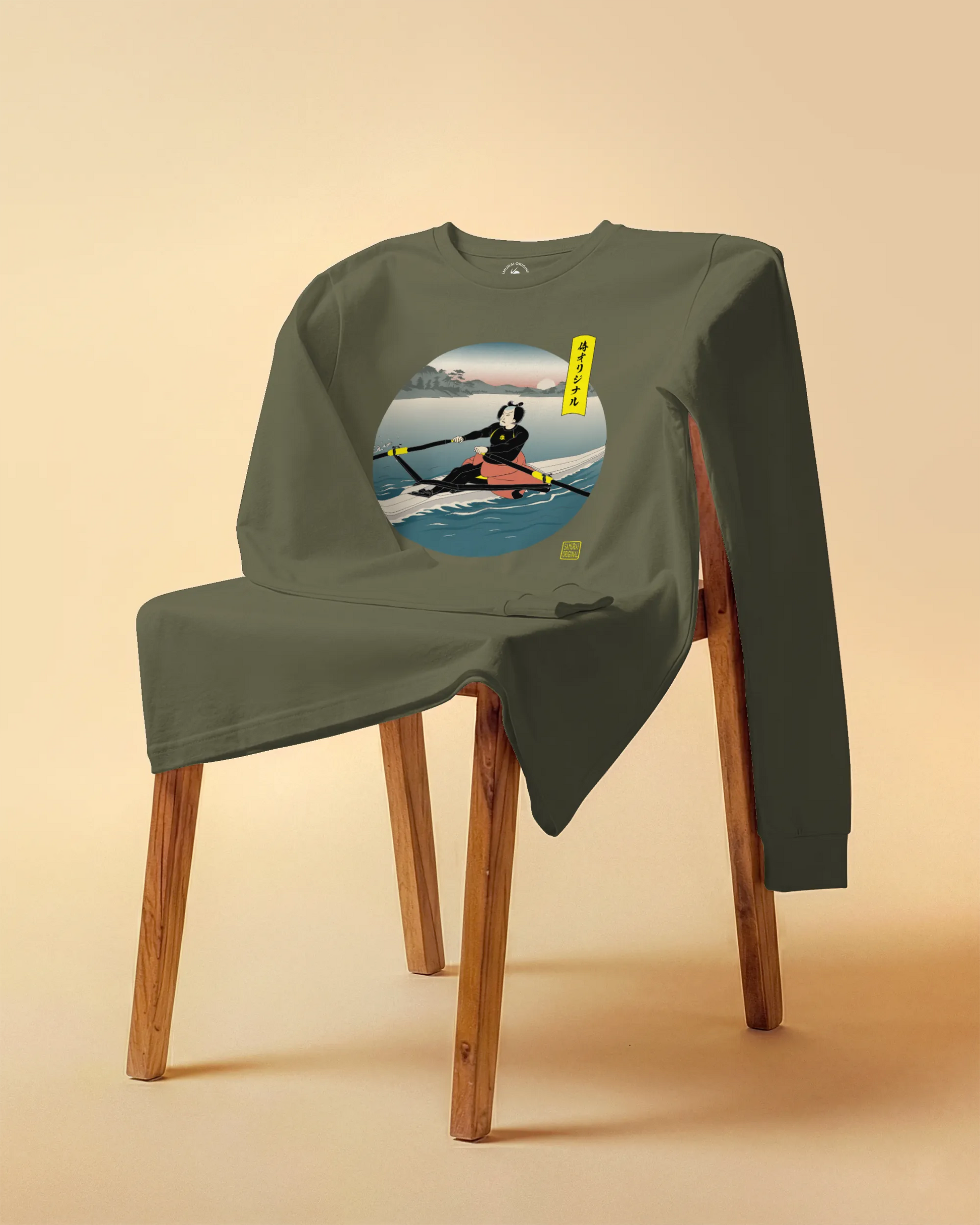 Samurai Rowing Japanese Ukiyo-e Unisex Long Sleeve Tee - Samurai Original