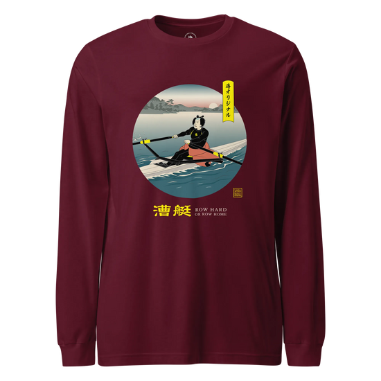 Samurai Rowing Japanese Ukiyo-e Unisex Long Sleeve Tee Maroon - Samurai Original