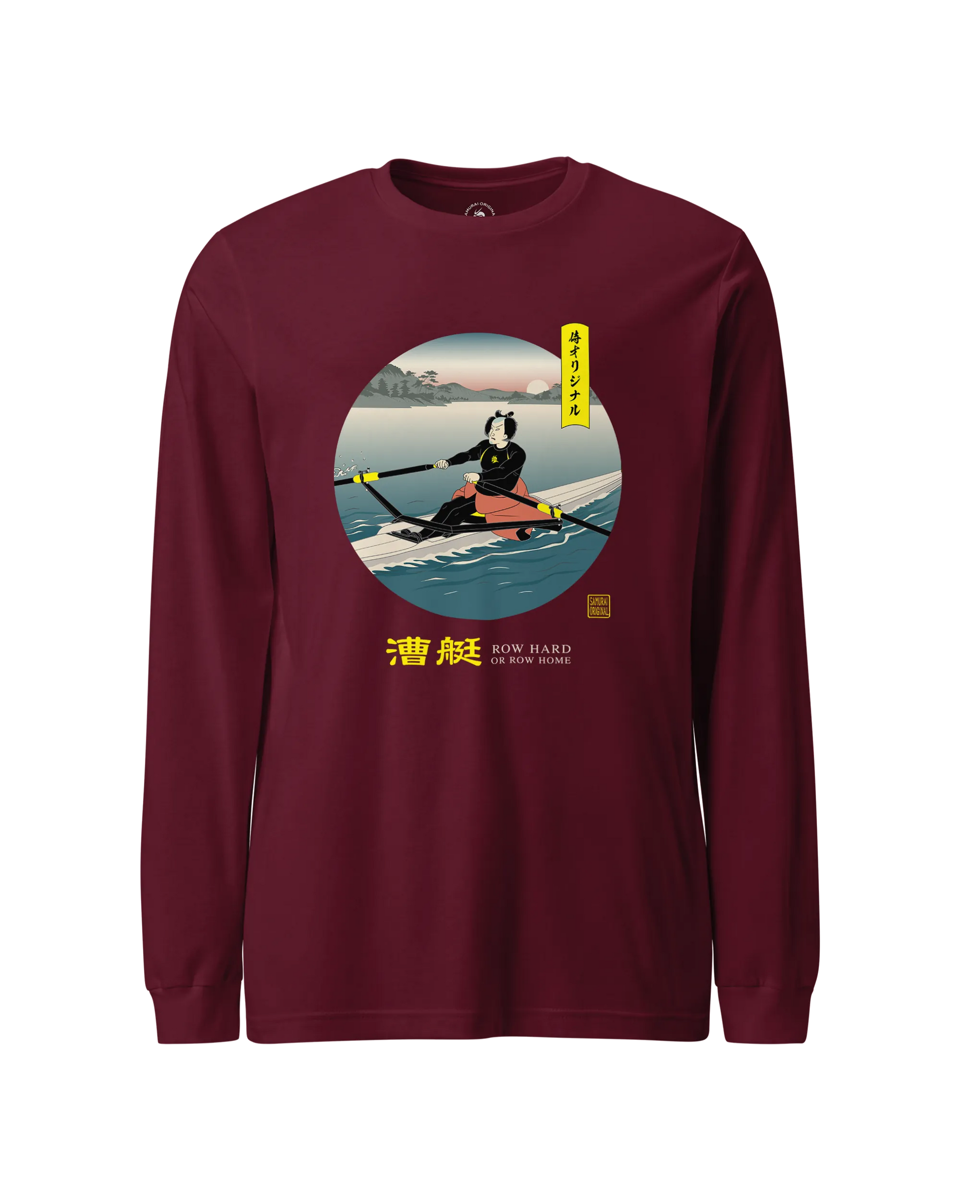 Samurai Rowing Japanese Ukiyo-e Unisex Long Sleeve Tee Maroon - Samurai Original