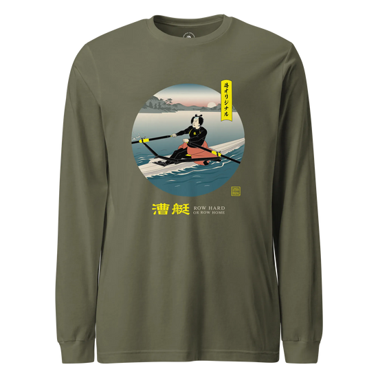 Samurai Rowing Japanese Ukiyo-e Unisex Long Sleeve Tee Military Green - Samurai Original