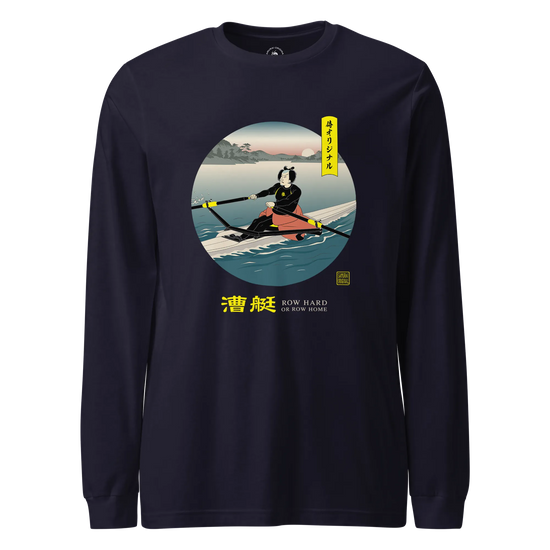 Samurai Rowing Japanese Ukiyo-e Unisex Long Sleeve Tee Navy - Samurai Original