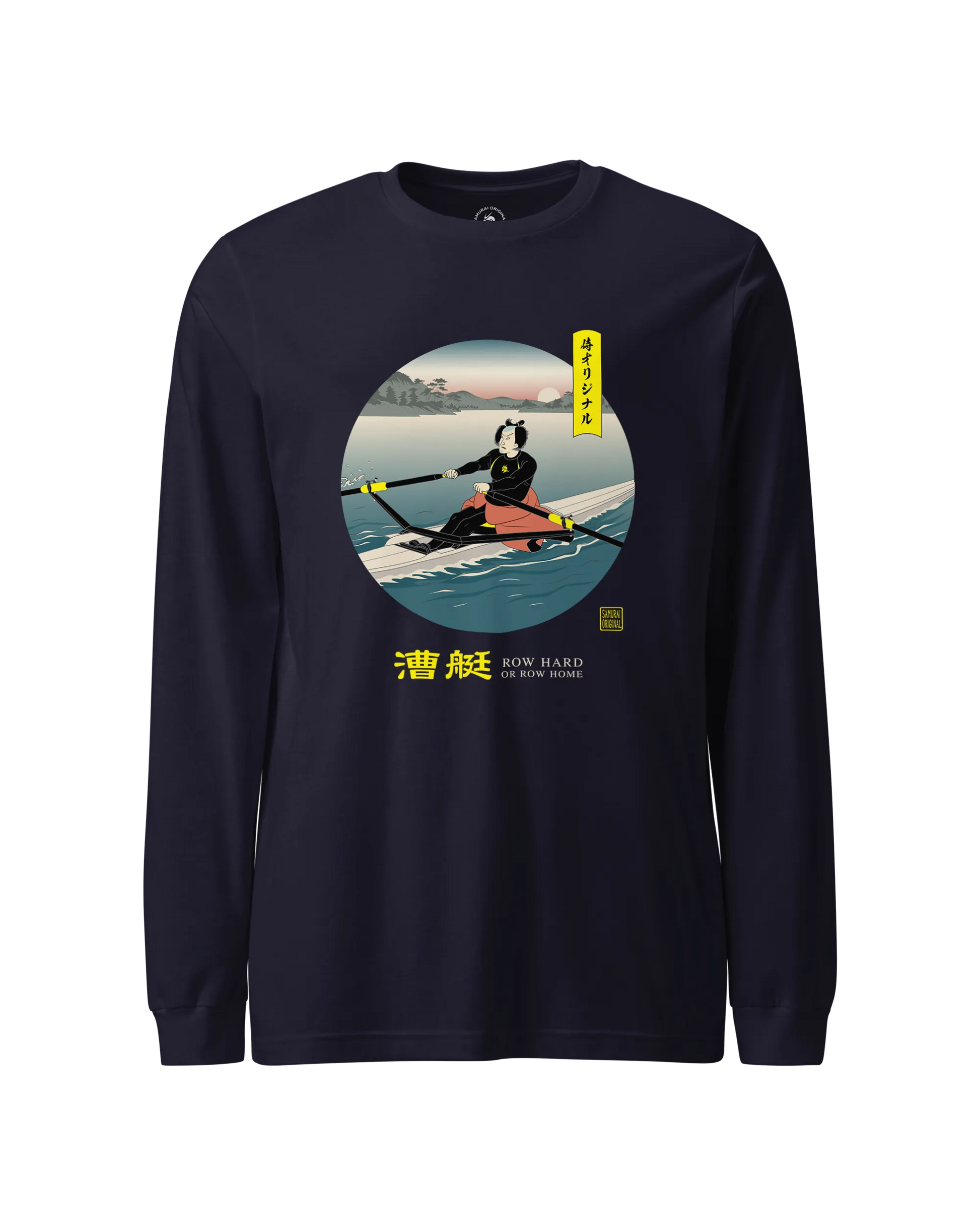 Samurai Rowing Japanese Ukiyo-e Unisex Long Sleeve Tee Navy - Samurai Original