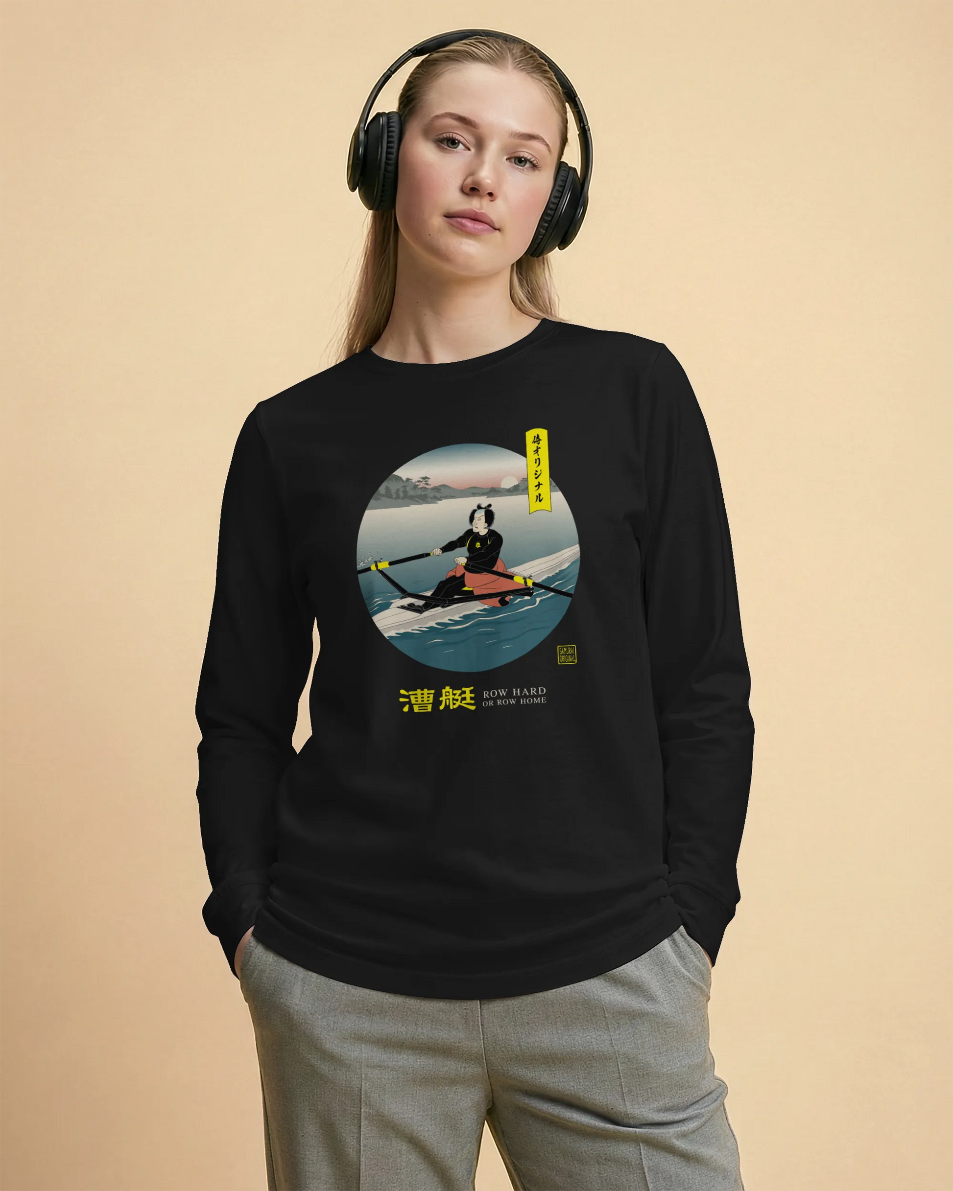 Samurai Rowing Japanese Ukiyo-e Unisex Long Sleeve Tee - Samurai Original