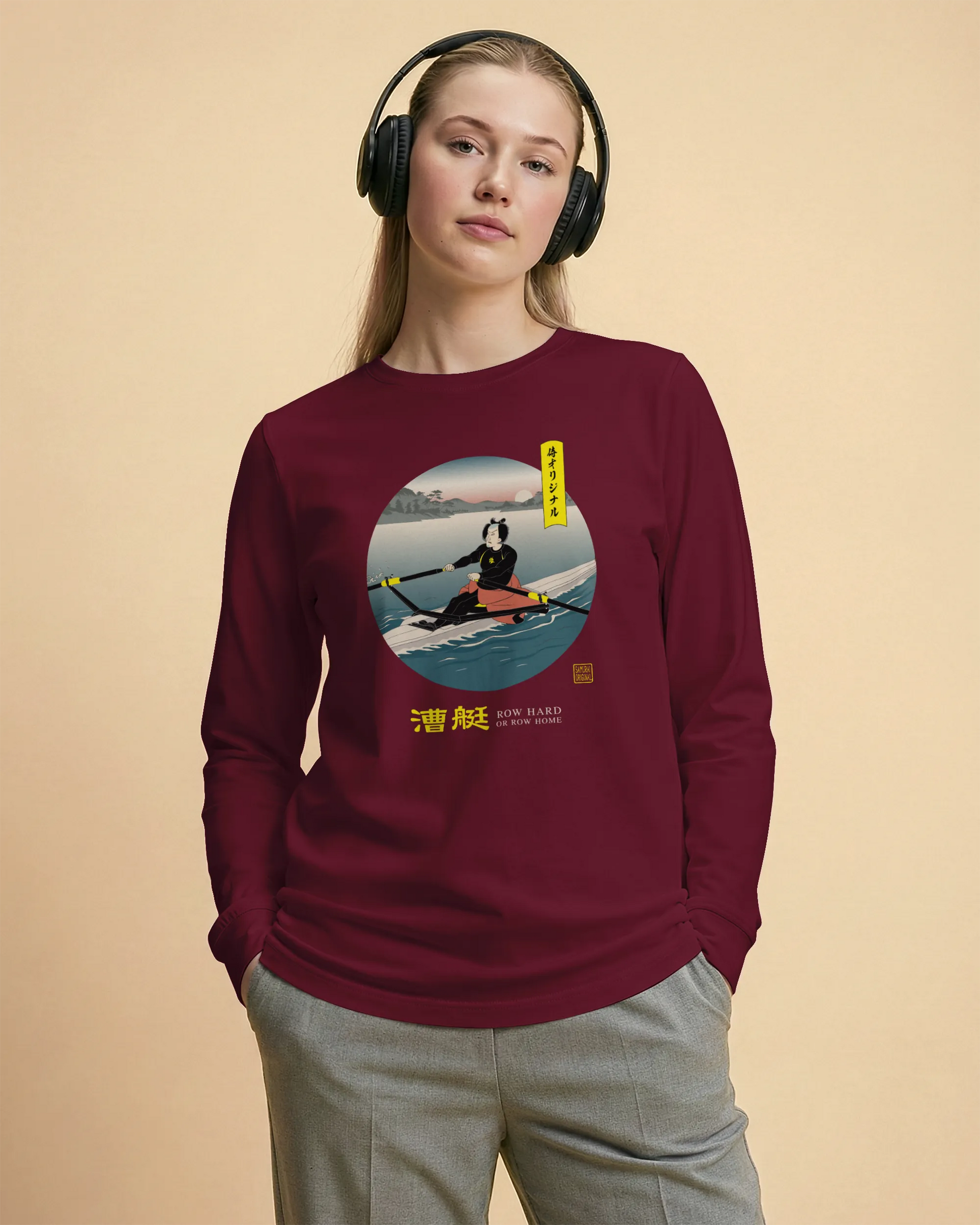 Samurai Rowing Japanese Ukiyo-e Unisex Long Sleeve Tee - Samurai Original