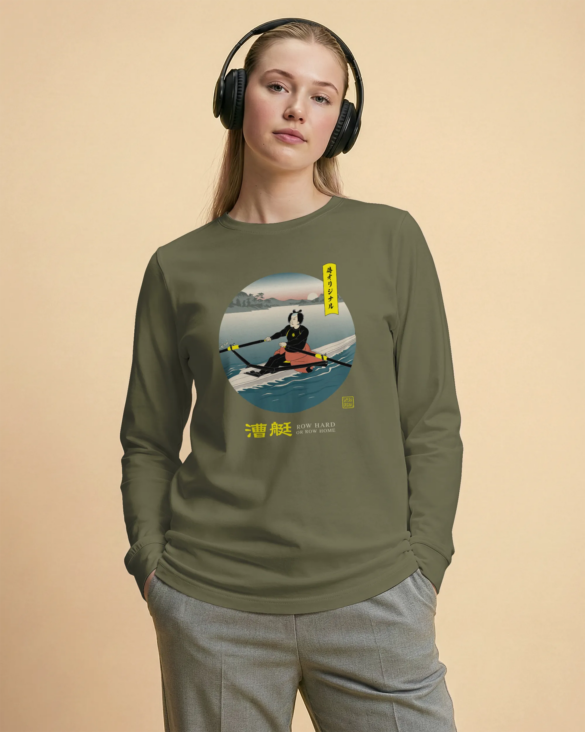 Samurai Rowing Japanese Ukiyo-e Unisex Long Sleeve Tee - Samurai Original