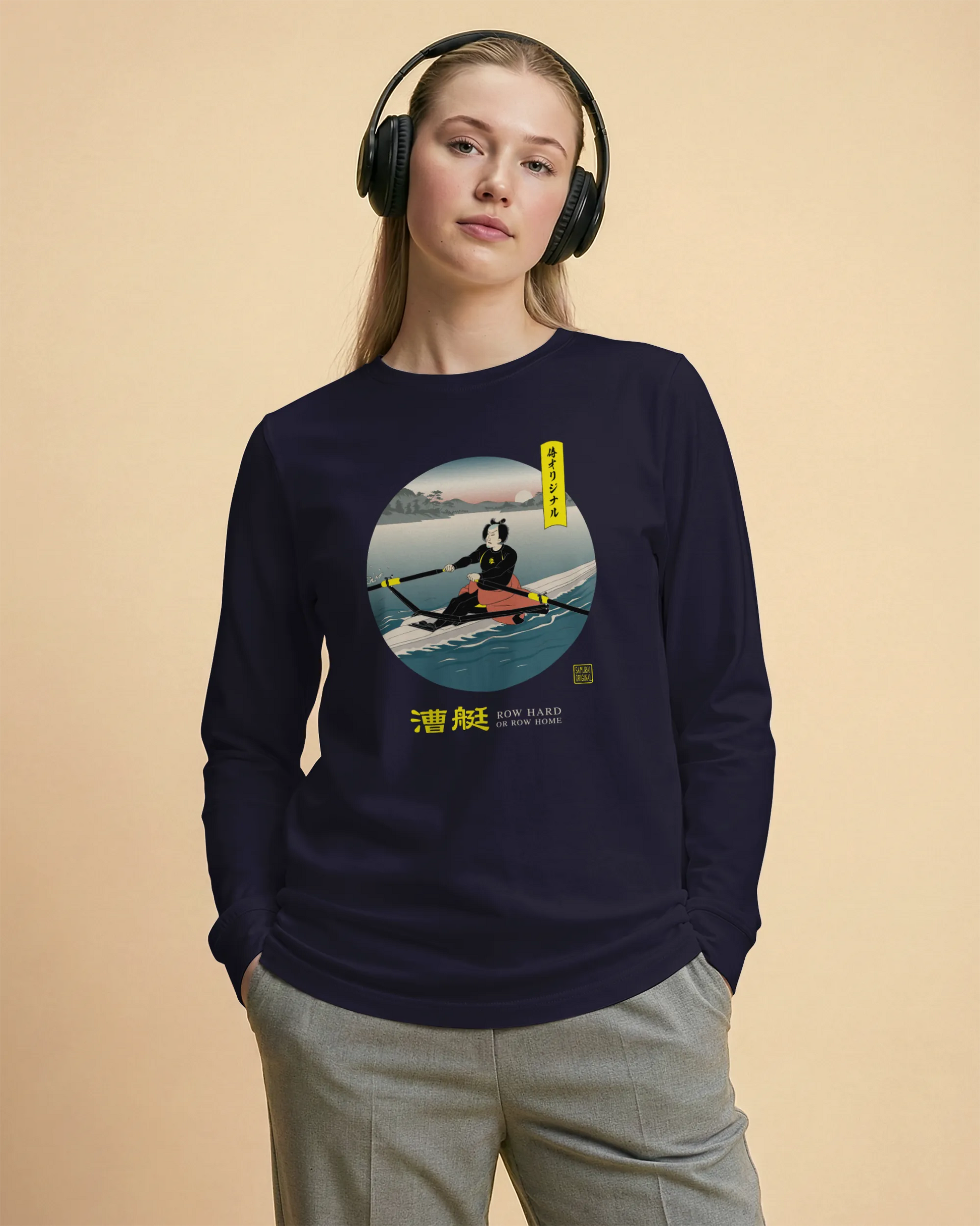 Samurai Rowing Japanese Ukiyo-e Unisex Long Sleeve Tee - Samurai Original