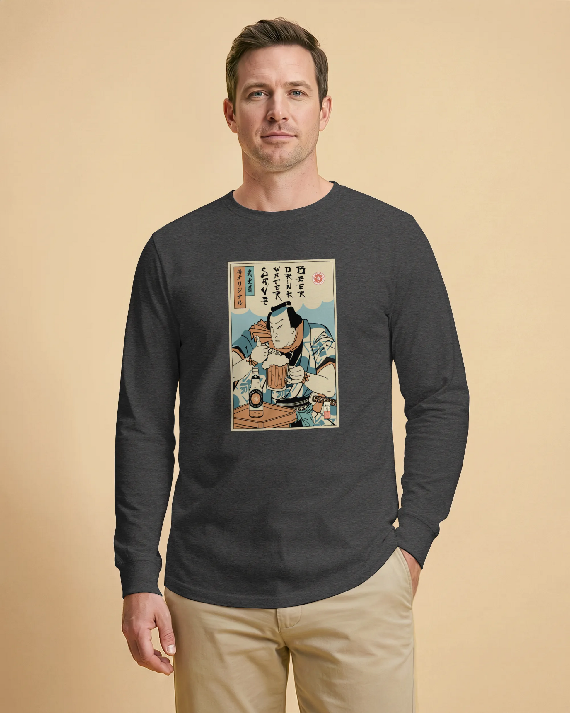 Samurai Save Water Drink Beer Ukiyo-e Funny Saying Unisex Long Sleeve Tee - Samurai Original