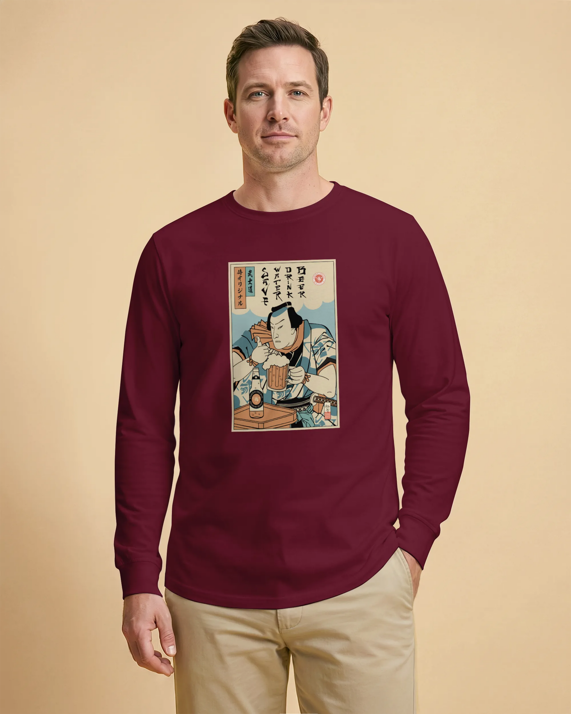 Samurai Save Water Drink Beer Ukiyo-e Funny Saying Unisex Long Sleeve Tee - Samurai Original