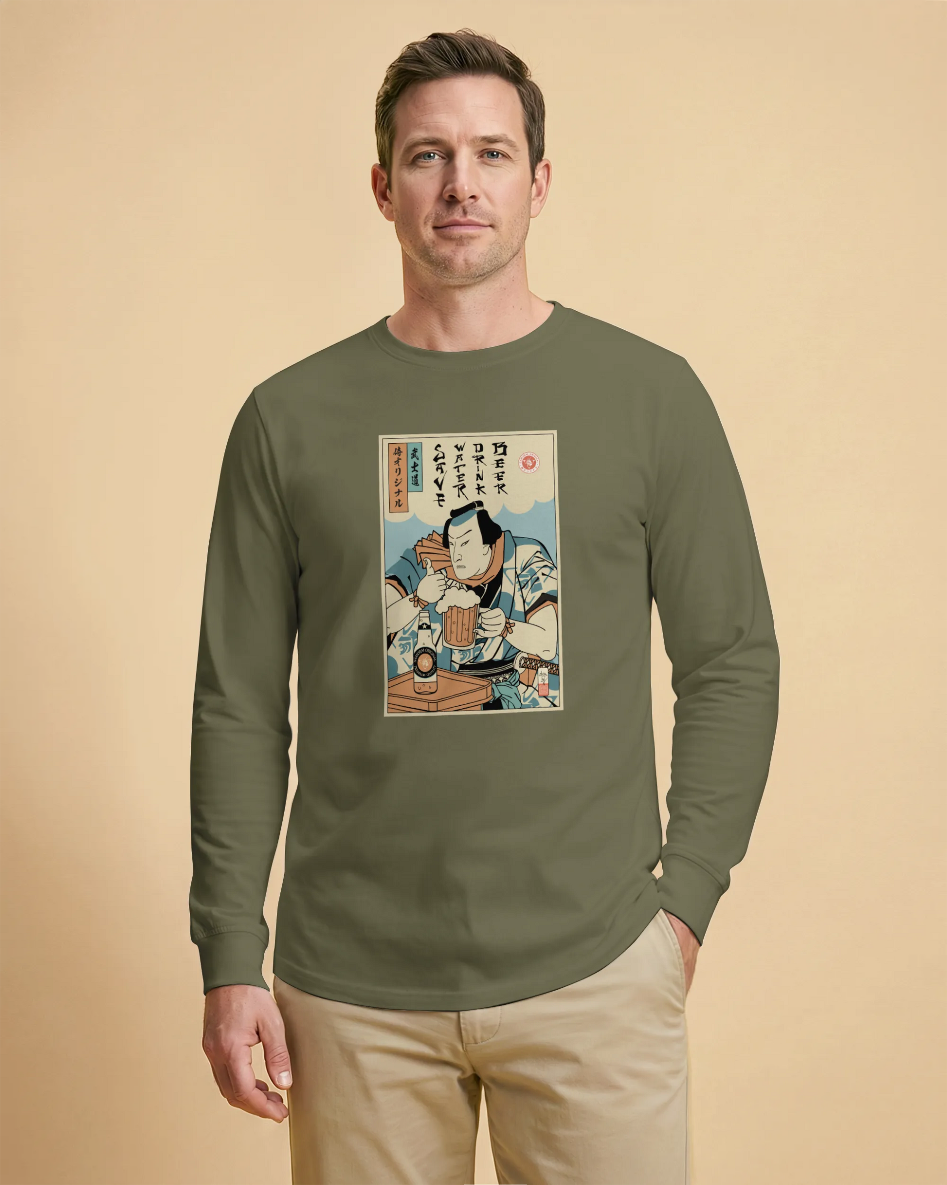Samurai Save Water Drink Beer Ukiyo-e Funny Saying Unisex Long Sleeve Tee - Samurai Original