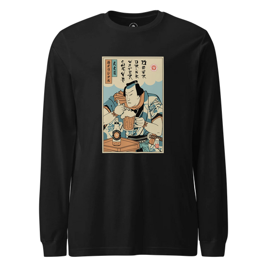 Samurai Save Water Drink Beer Ukiyo-e Funny Saying Unisex Long Sleeve Tee Black - Samurai Original