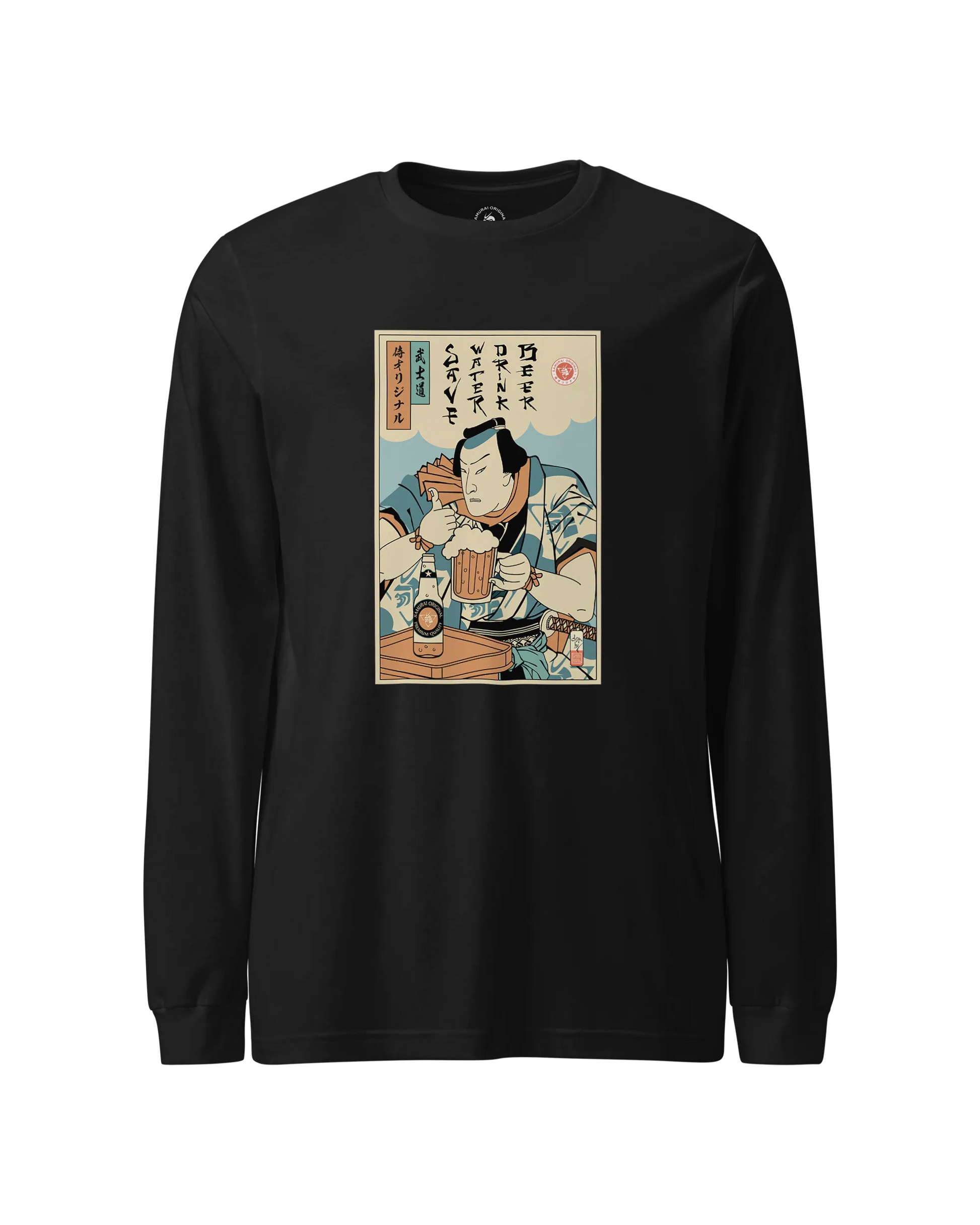 Samurai Save Water Drink Beer Ukiyo-e Funny Saying Unisex Long Sleeve Tee Black - Samurai Original