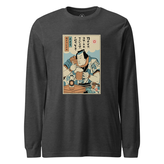 Samurai Save Water Drink Beer Ukiyo-e Funny Saying Unisex Long Sleeve Tee Dark Grey Heather - Samurai Original