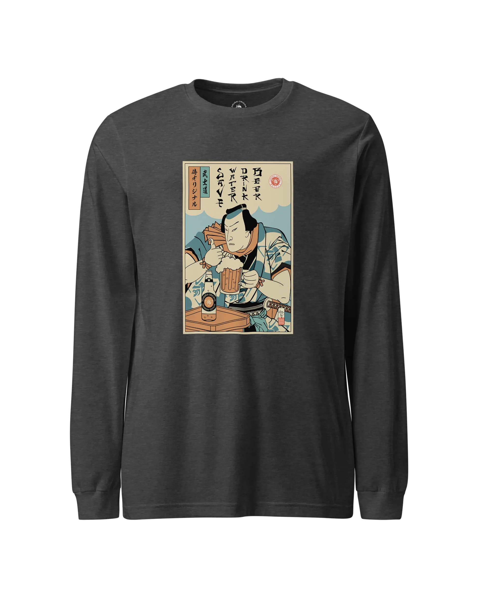 Samurai Save Water Drink Beer Ukiyo-e Funny Saying Unisex Long Sleeve Tee Dark Grey Heather - Samurai Original