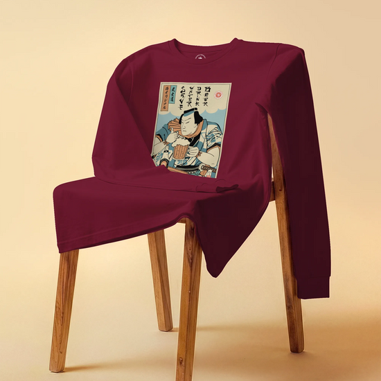 Samurai Save Water Drink Beer Ukiyo-e Funny Saying Unisex Long Sleeve Tee - Samurai Original