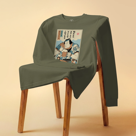 Samurai Save Water Drink Beer Ukiyo-e Funny Saying Unisex Long Sleeve Tee - Samurai Original