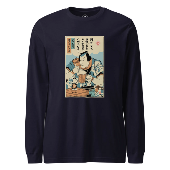 Samurai Save Water Drink Beer Ukiyo-e Funny Saying Unisex Long Sleeve Tee Navy - Samurai Original