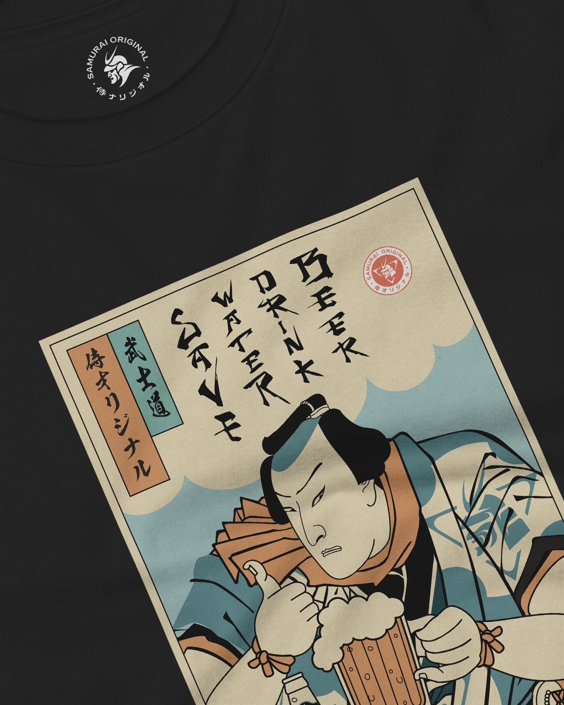 Samurai Save Water Drink Beer Ukiyo-e Funny Saying Unisex Long Sleeve Tee - Samurai Original