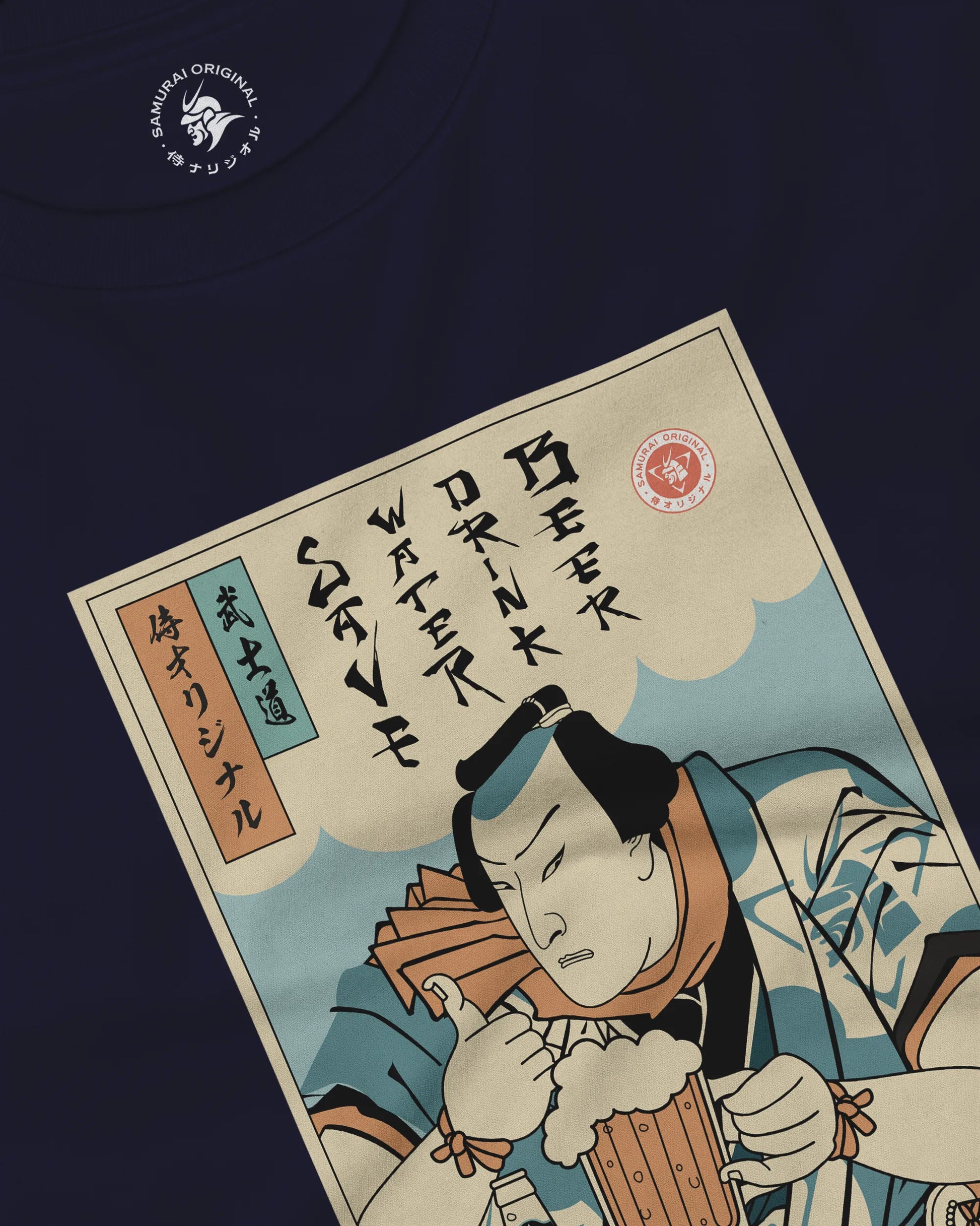 Samurai Save Water Drink Beer Ukiyo-e Funny Saying Unisex Long Sleeve Tee - Samurai Original