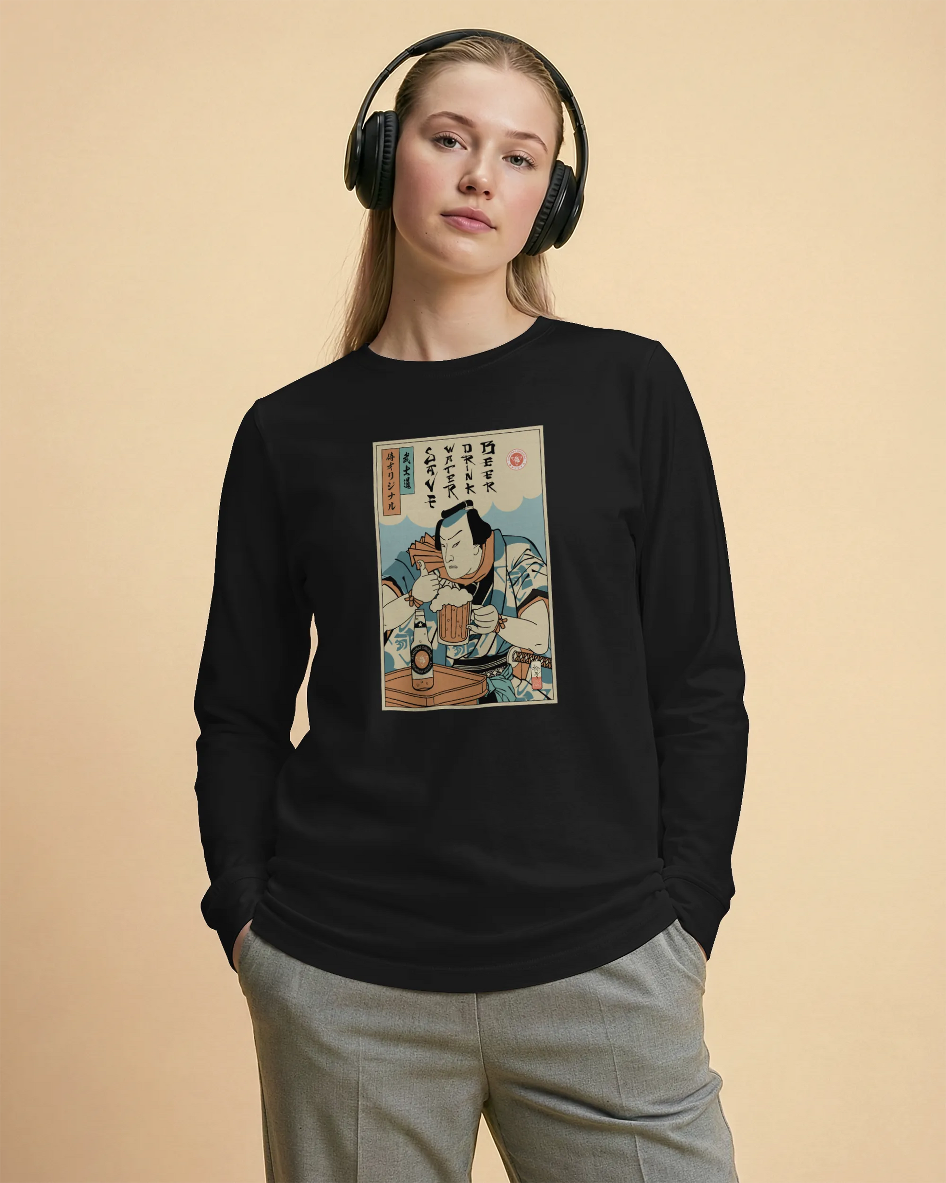 Samurai Save Water Drink Beer Ukiyo-e Funny Saying Unisex Long Sleeve Tee - Samurai Original