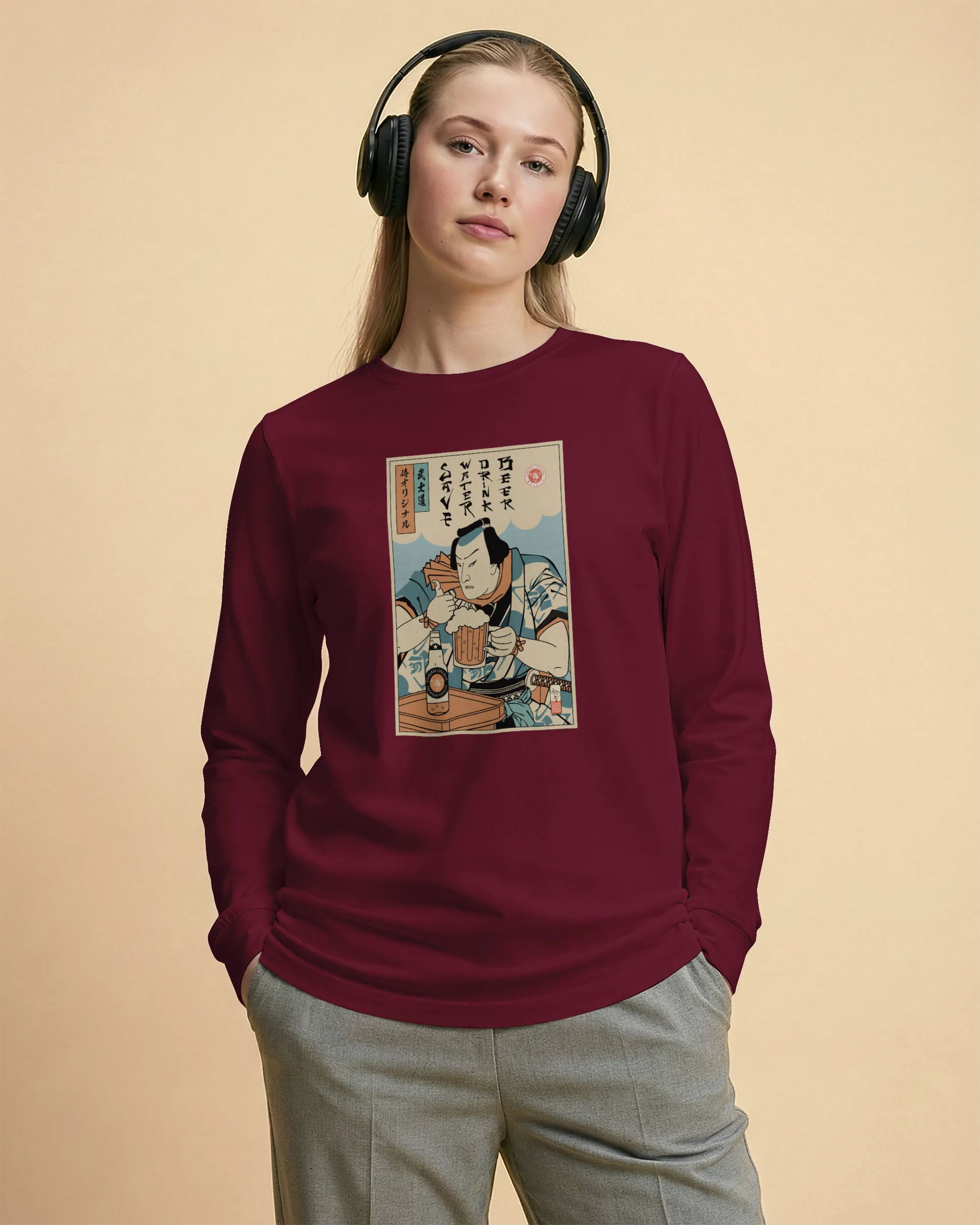 Samurai Save Water Drink Beer Ukiyo-e Funny Saying Unisex Long Sleeve Tee - Samurai Original