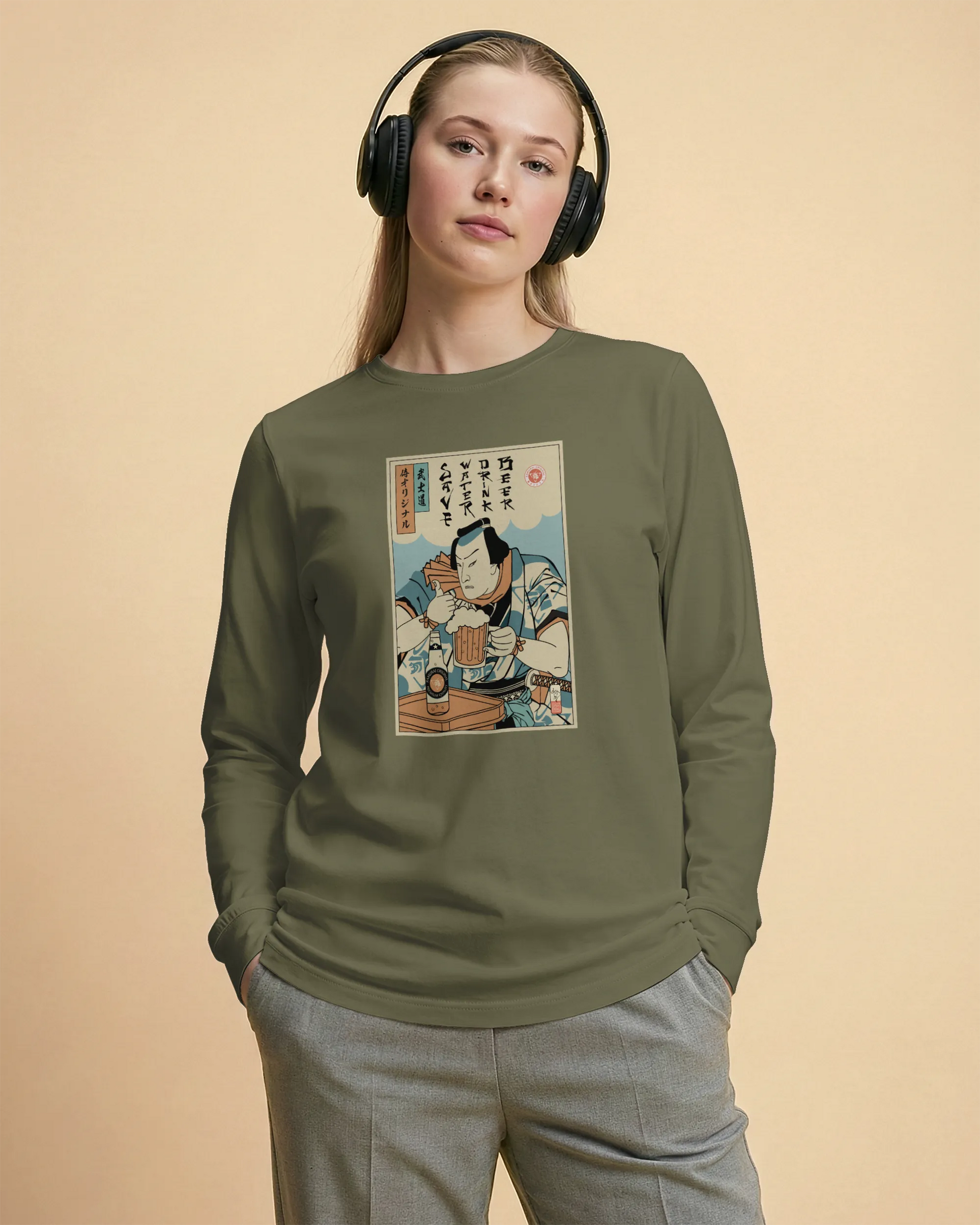 Samurai Save Water Drink Beer Ukiyo-e Funny Saying Unisex Long Sleeve Tee - Samurai Original