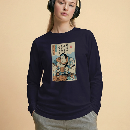 Samurai Save Water Drink Beer Ukiyo-e Funny Saying Unisex Long Sleeve Tee - Samurai Original