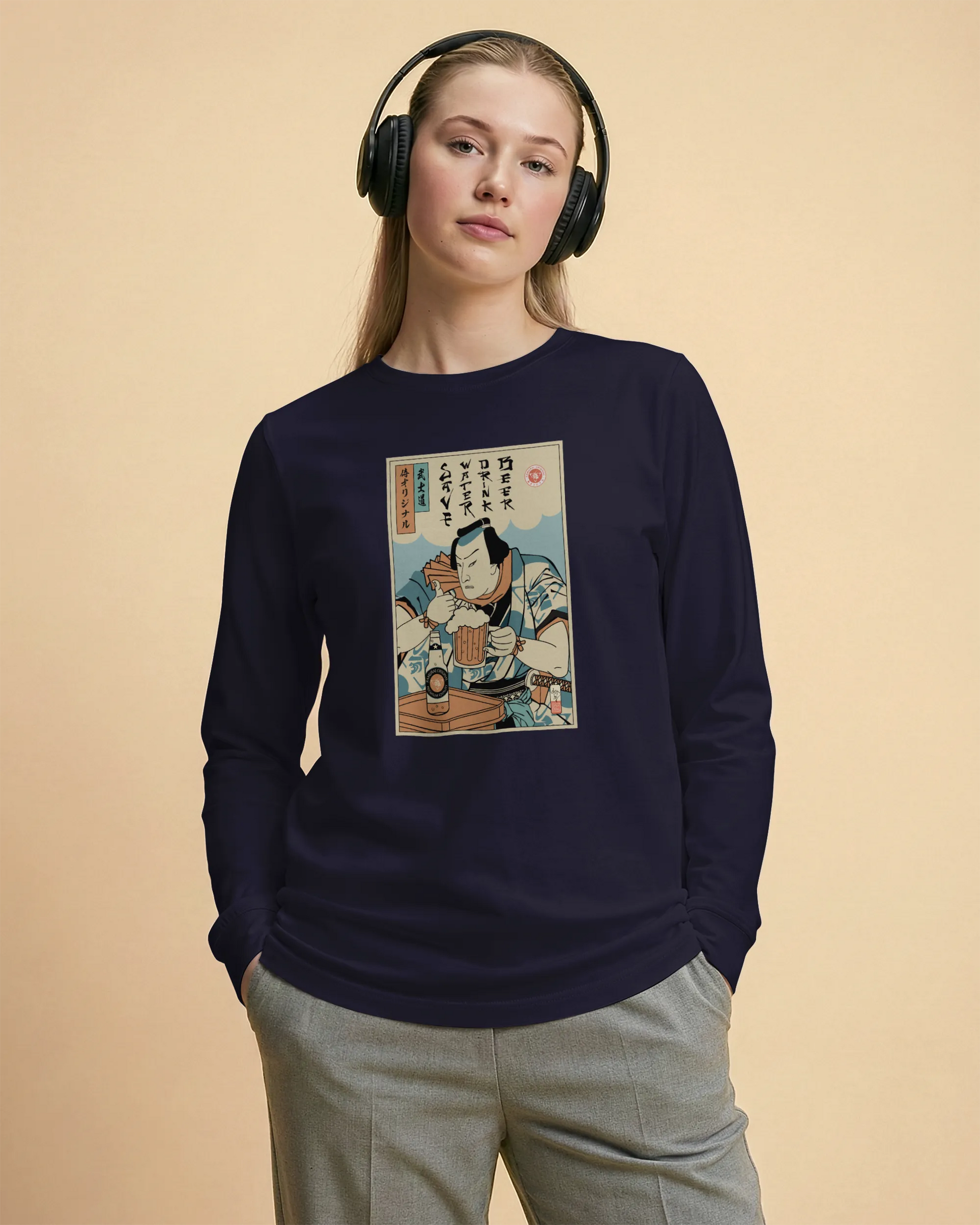 Samurai Save Water Drink Beer Ukiyo-e Funny Saying Unisex Long Sleeve Tee - Samurai Original