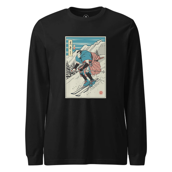 Samurai Ski Winter Sport Ukiyo-e Unisex Long Sleeve Tee Black - Samurai Original