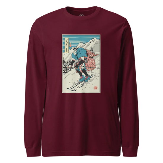 Samurai Ski Winter Sport Ukiyo-e Unisex Long Sleeve Tee Maroon - Samurai Original