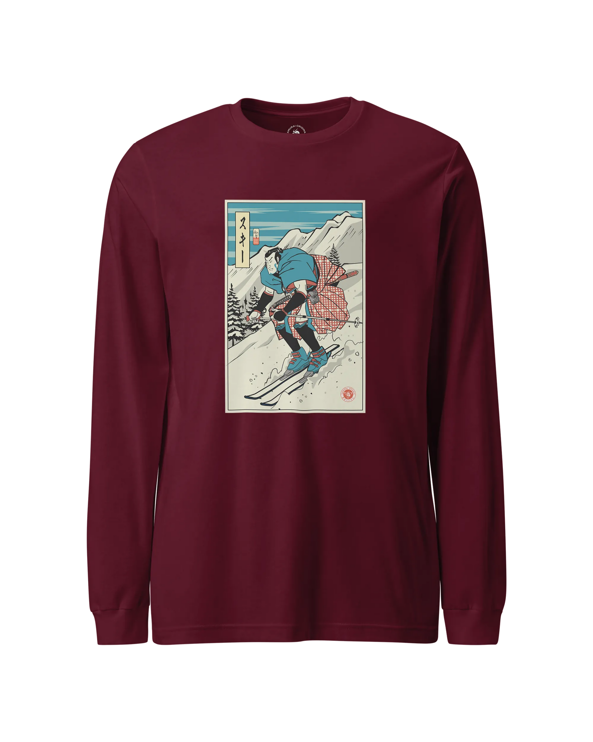Samurai Ski Winter Sport Ukiyo-e Unisex Long Sleeve Tee Maroon - Samurai Original
