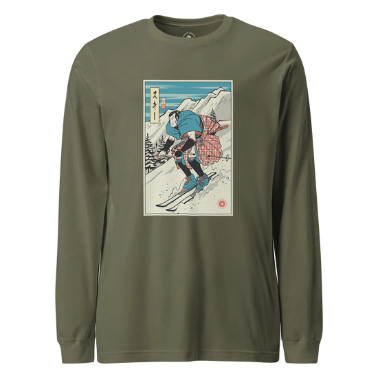 Samurai Ski Winter Sport Ukiyo-e Unisex Long Sleeve Tee Military Green - Samurai Original